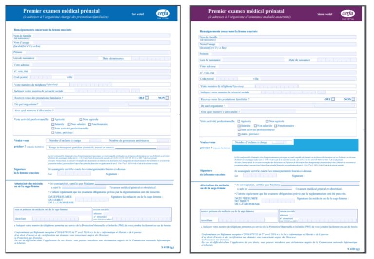 Formulaires Cerfa français pour la première consultation prénatale et la déclaration de grossesse, destinés aux caisses d’allocations familiales et aux organismes d’assurance maladie