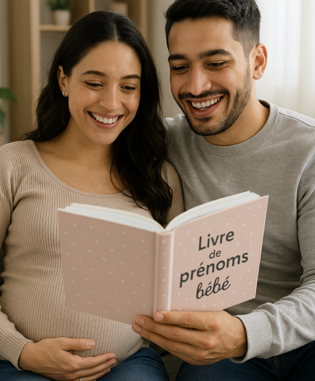 Couple de futurs parents consultant un guide des prénoms pour bébé