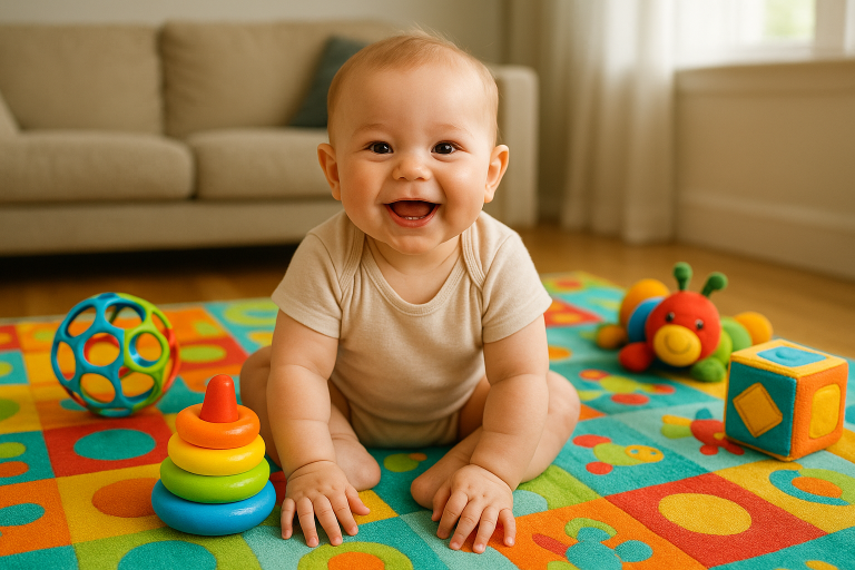 bébé souriant jouant sur un tapis d'éveil