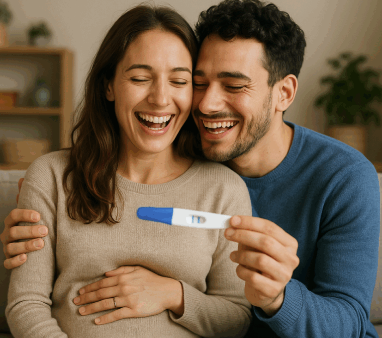 Couple heureux avec test de grossesse positif
