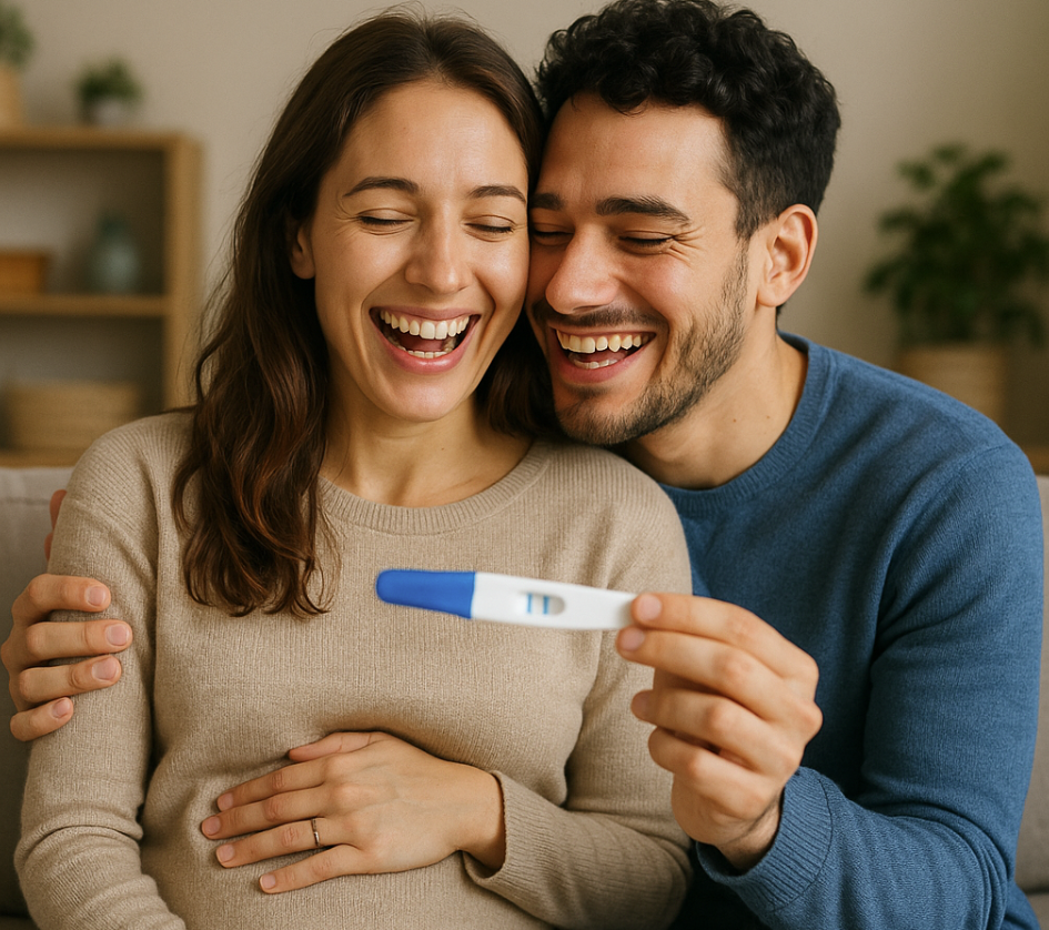 Couple heureux avec test de grossesse positif