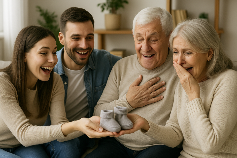 Annonce de grossesse : offrir des chaussons bébé aux futurs grands-parents