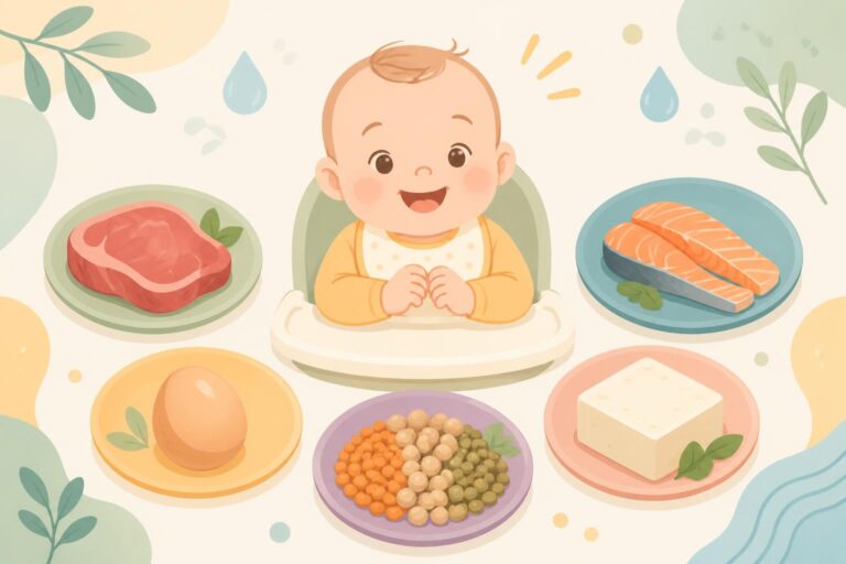 découvrez comment introduire la viande, le poisson, les œufs, les légumineuses et le tofu dans l'alimentation de votre bébé de 0 à 12 mois, pour une diversification alimentaire saine et équilibrée.