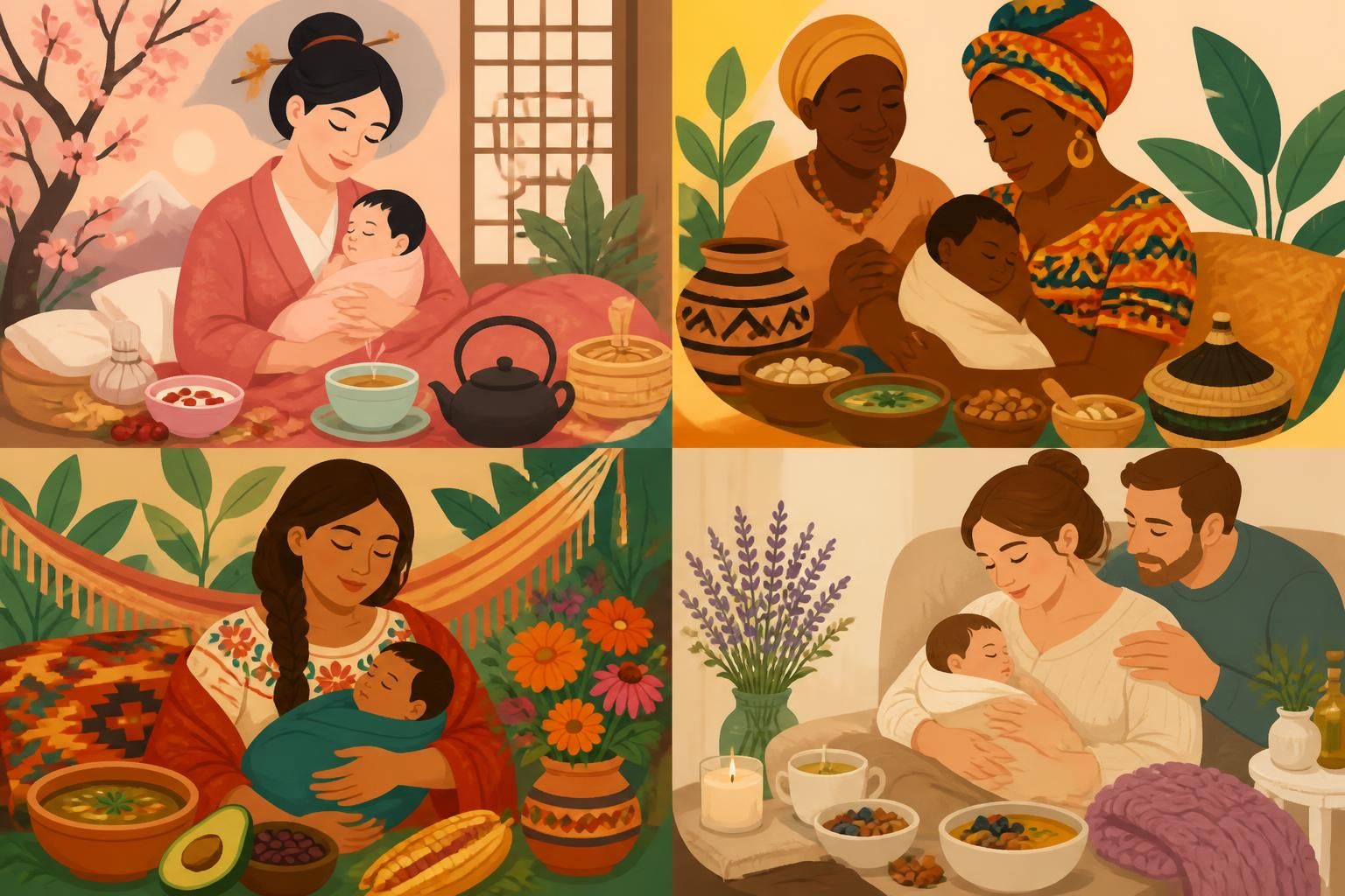 découvrez des règles traditionnelles venues des quatre coins du monde pour vivre un post-partum épanoui et serein, alliant bien-être, soins et respect culturel.